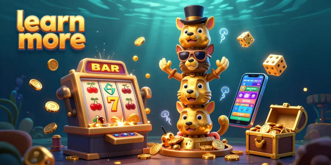 Learn more about exciting casino games, featuring a dynamic 3D cartoon illustrated scene of engaging gambling elements.