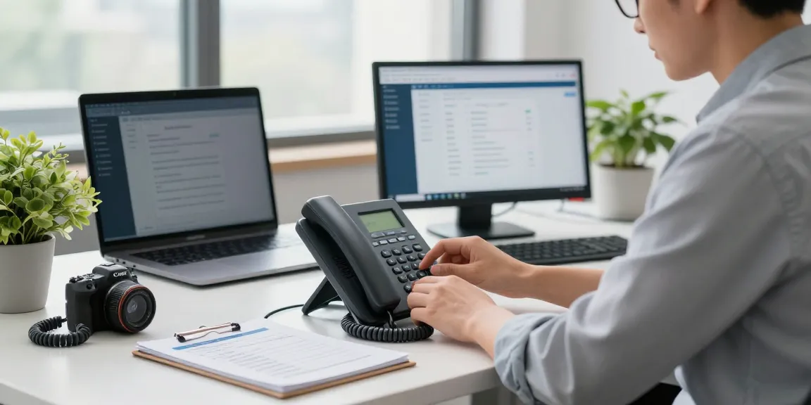VoIP phone system UK setup in modern office, showcasing IT technician configuring desktop unit.