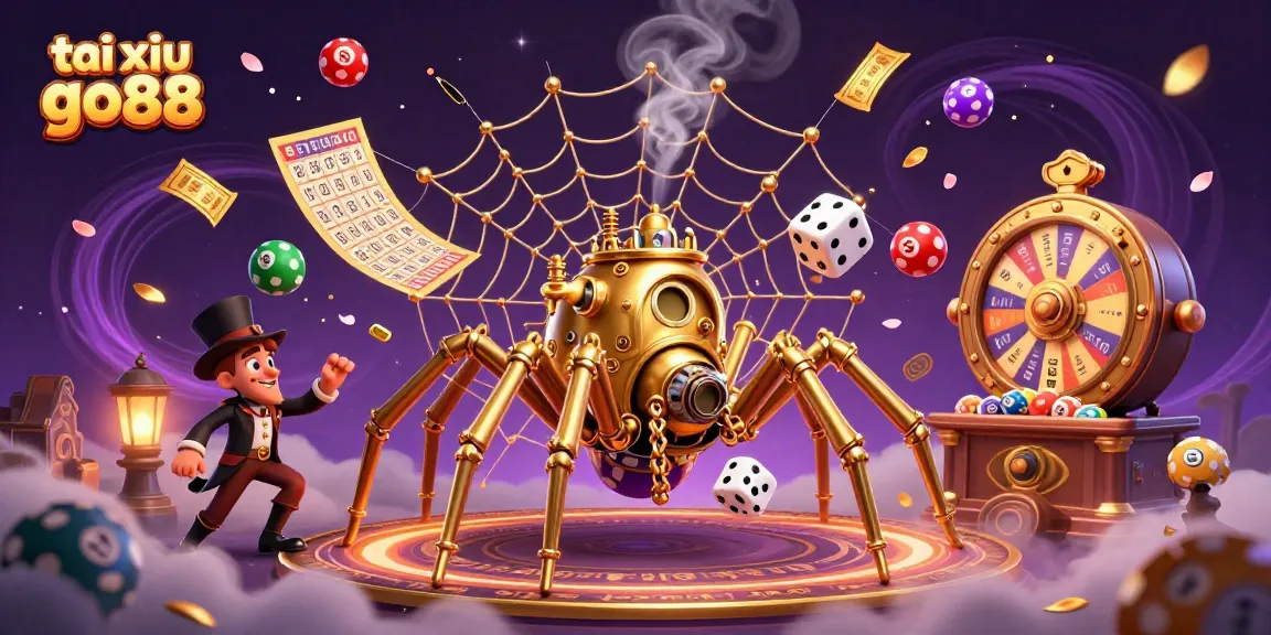 Experience tai xiu go88 as a charming golden spider entangles dice in a vibrant, dynamic casino atmosphere.