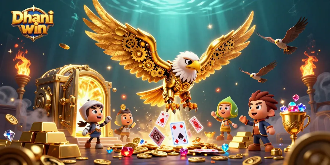 Dhani win players celebrating winnings with golden eagle in a vibrant, dynamic casino scene full of treasures and rewards