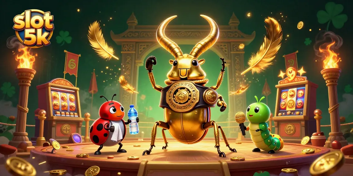 Engage with dynamic slot 5k action featuring a giant stag beetle champion, vibrant game elements, and stunning visuals.
