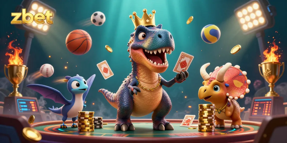 Playful zbet scene with a T-Rex shuffling cards and friends stacking chips in vibrant casino setting.
