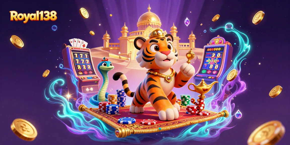 Menangkan jackpot di Royal138 dengan tumpukan koin emas dan mesin slot penuh keberuntungan.