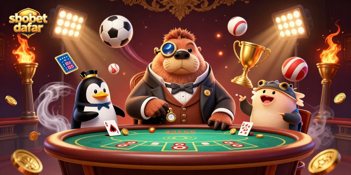 SBOBET daftar betting scene with a whimsical walrus and penguin dealer, showcasing fun sports betting elements