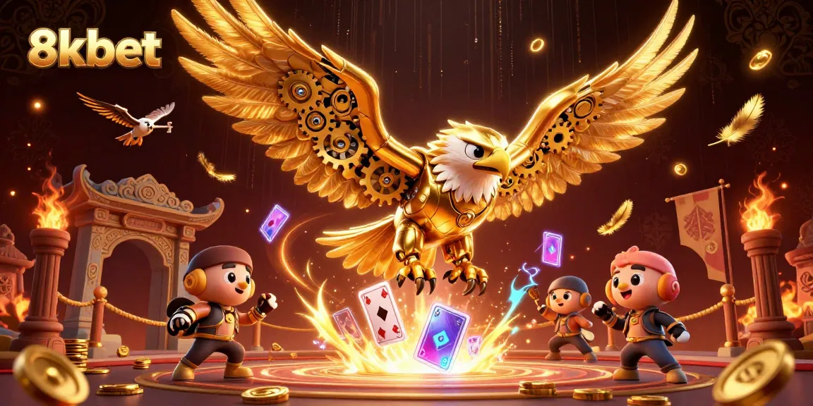 Experience exhilarating wins at 8xbet with a vibrant casino atmosphere featuring golden eagles and holographic cards.