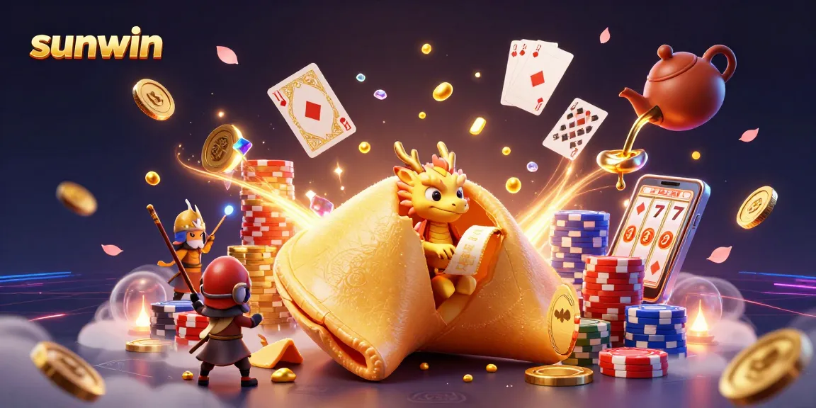 Win at sunwin with a vibrant 3D casino scene depicting a golden fortune cookie and dazzling treasures.