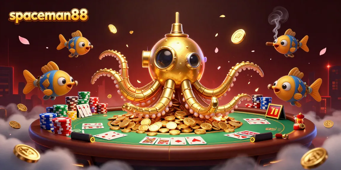 Join the action at spaceman88, featuring a golden kraken submarine amidst poker chaos and winning chips.