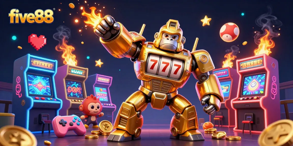 five88 showcases a golden gorilla mech surrounded by explosive gaming elements and vibrant arcade games.