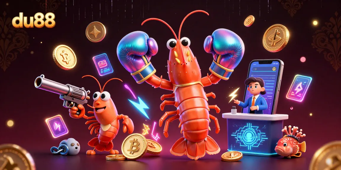Engage in du88's crypto gaming with vibrant visuals of a mantis shrimp and lively characters.
