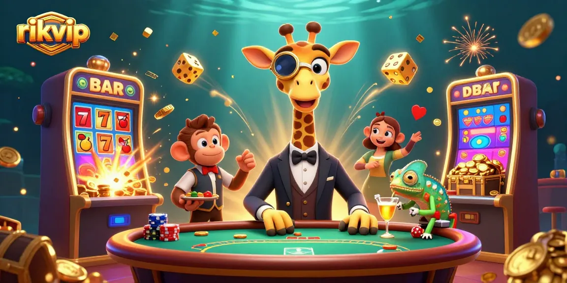 Experience thrilling games at rikvip with a vibrant scene of a giraffe, monkey, and chameleon in a casino.