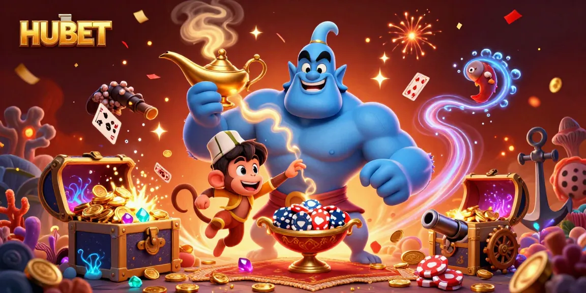 Experience the vibrancy of HUBET as the genie unleashes treasures, building excitement for gamblers.