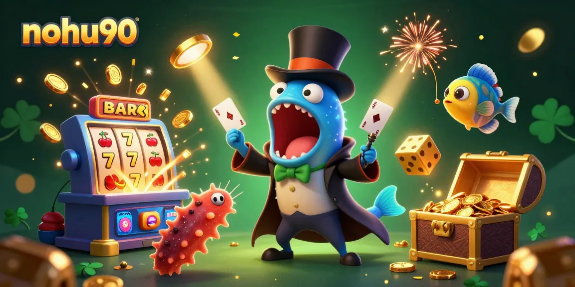 Nohu90 powers up the excitement with a vibrant 3D casino illustration featuring lively characters and jackpot elements.