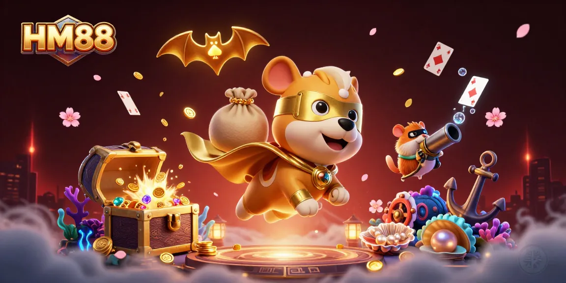 Join the action at HM88 with a vibrant 3D scene showcasing gambling excitement, gold coins, and lively characters.