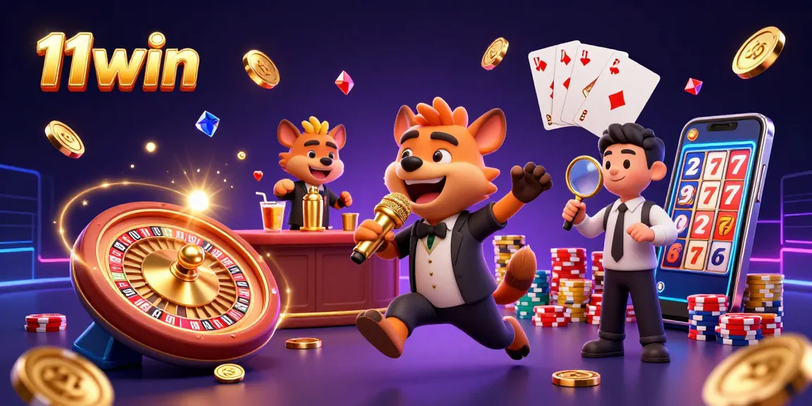 Experience the vibrant casino world of 11win, with cartoon hyenas entertaining, mixing drinks, and checking IDs.