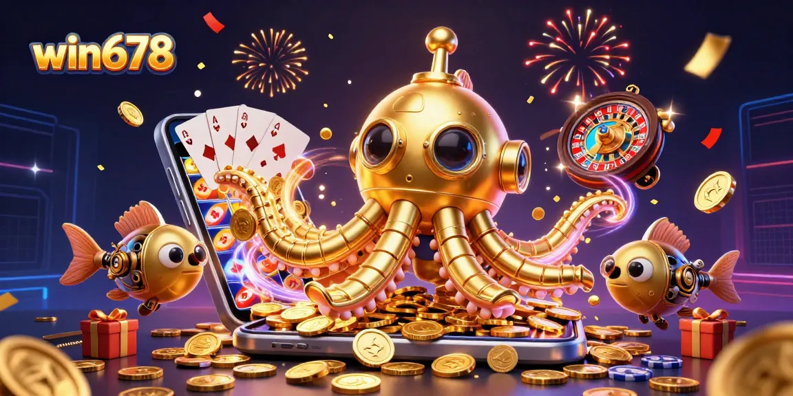 Experience the thrill of win678 with a golden kraken submarine and vibrant gaming elements!
