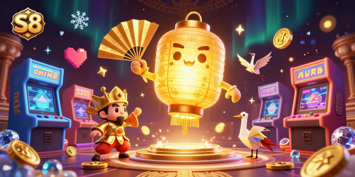 Experience the excitement at S8's vibrant casino with golden lantern spirits and gaming elements.