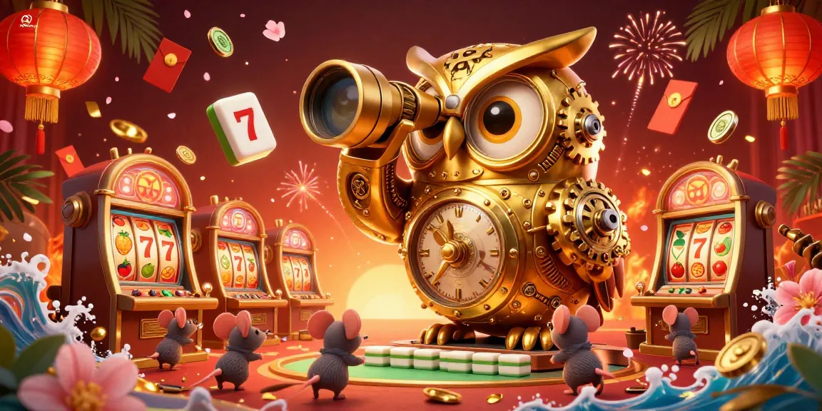 Sculpt an engaging socolive scene of an owl surveying a bustling casino floor, filled with vibrant gaming elements.