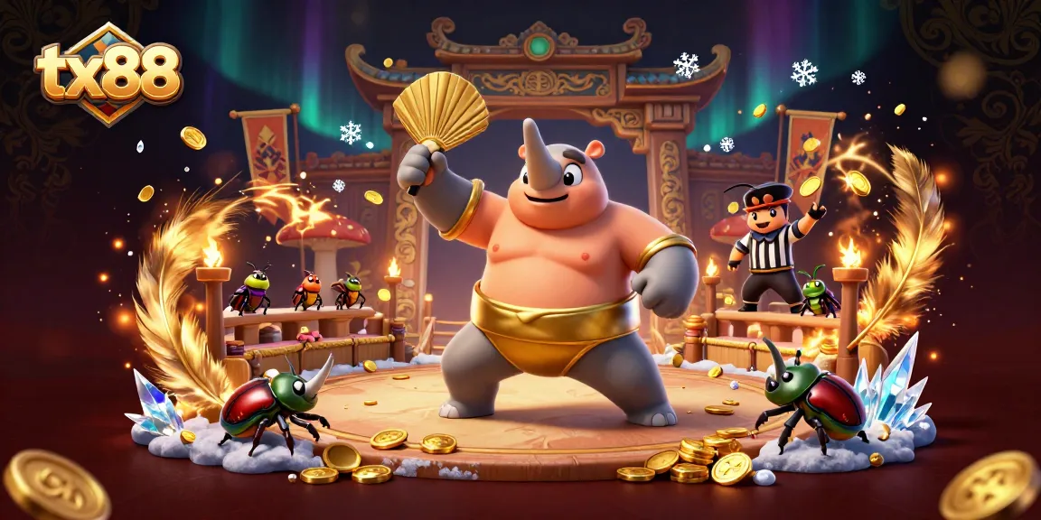 Experience thrilling gameplay with tx88 as the rhinoceros beetle champion stomps coins in a dynamic casino scene.