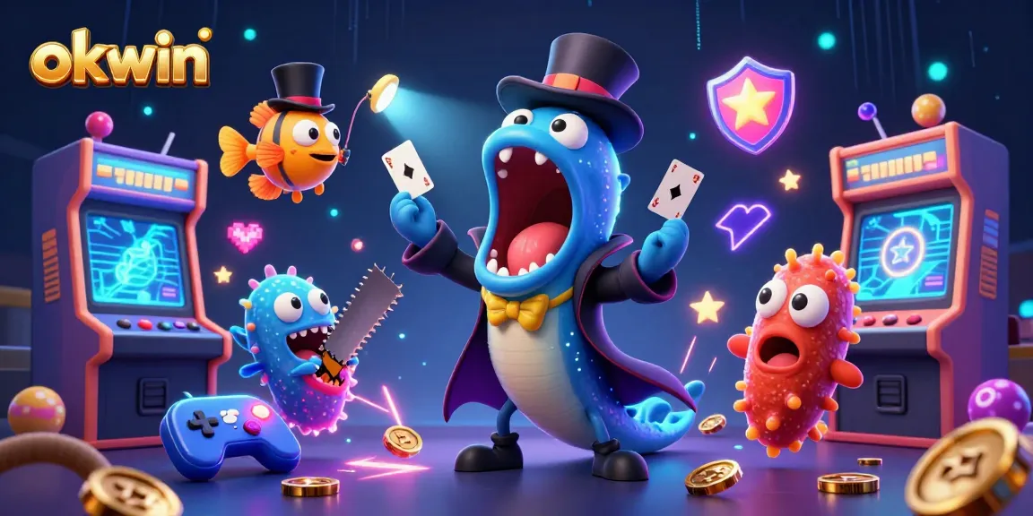 Experience the thrill of okwin with a vibrant 3D casino scene bursting with colorful characters and gaming action.