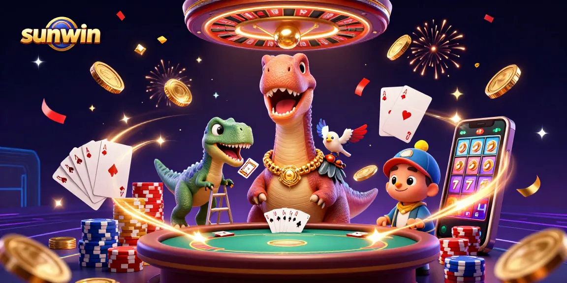Experience excitement with sunwin as a colossal brontosaurus captivates a poker scene.