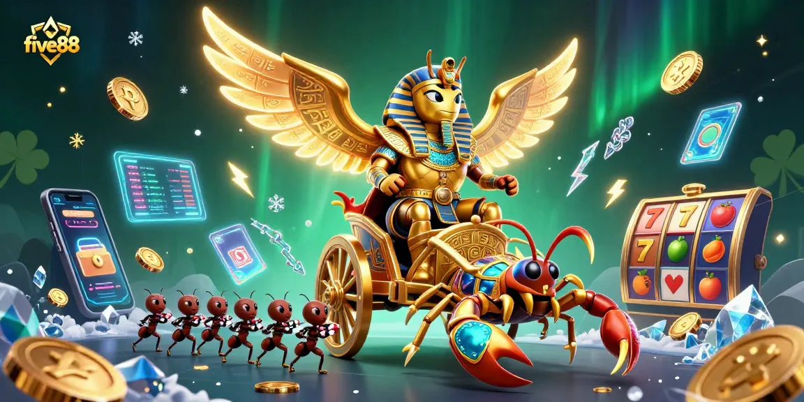 Experience featured at five88 with a colossal golden scarab beetle and vibrant slot reels.