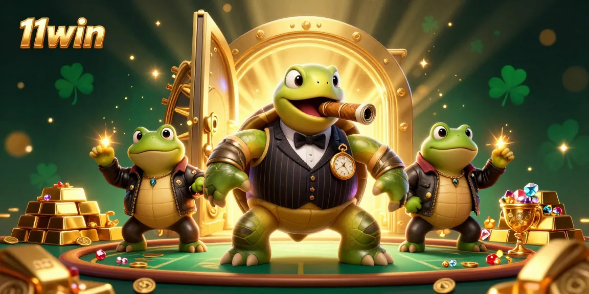 Join the excitement at 11win with a lively casino-themed 3D illustration featuring unique characters.