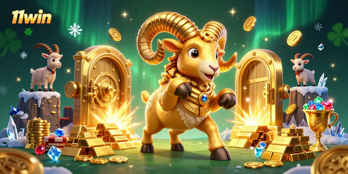 11win showcases a golden ram charging through a vault, symbolizing luck and treasure in gaming.