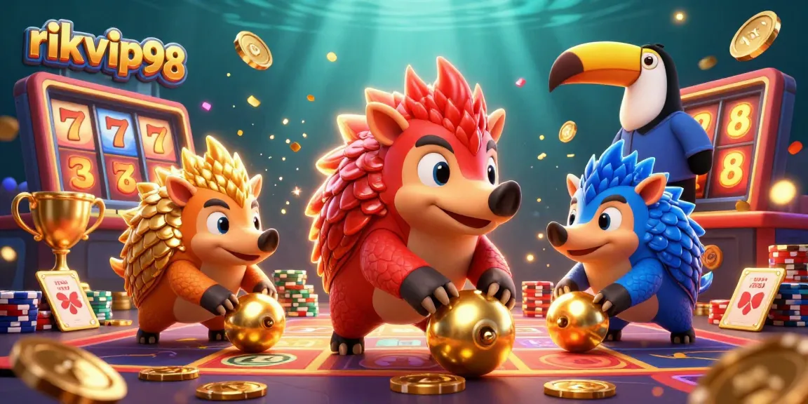 Spin to win at rikvip98 with animated pangolins amid vibrant slot game elements.