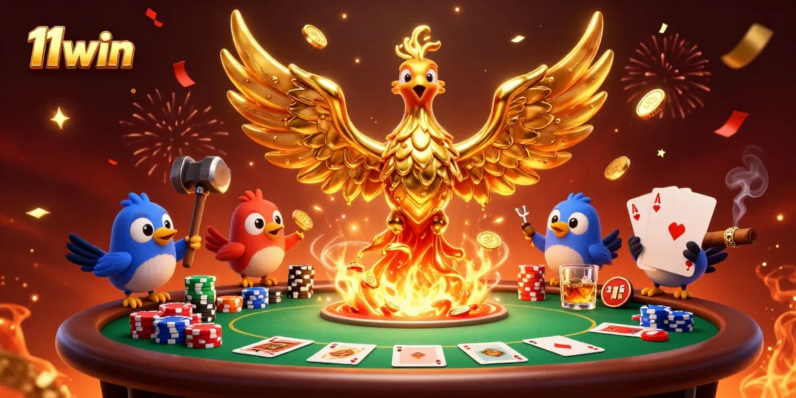 Play poker and win big with 11win at this vibrant casino-themed illustration.