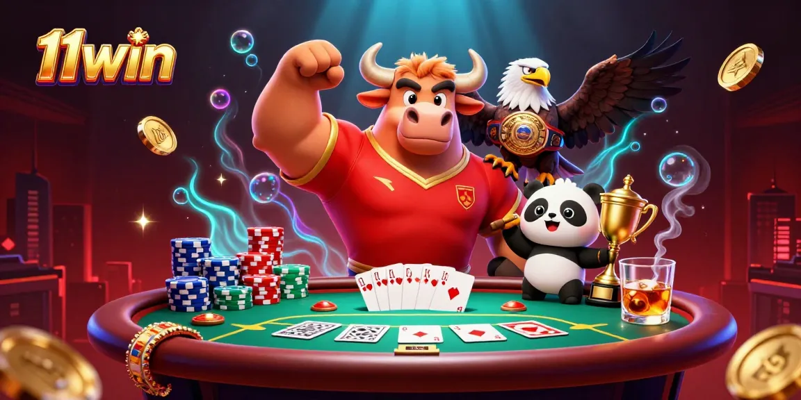 Engage with 11win's vibrant casino scene, showcasing winning moves and thrilling poker action with animated characters.
