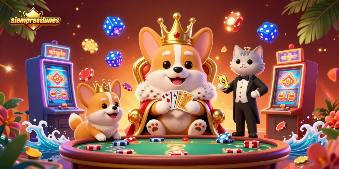 Experience the thrill with siempreeslunes, a vibrant casino scene featuring royal corgis and dynamic gaming elements.