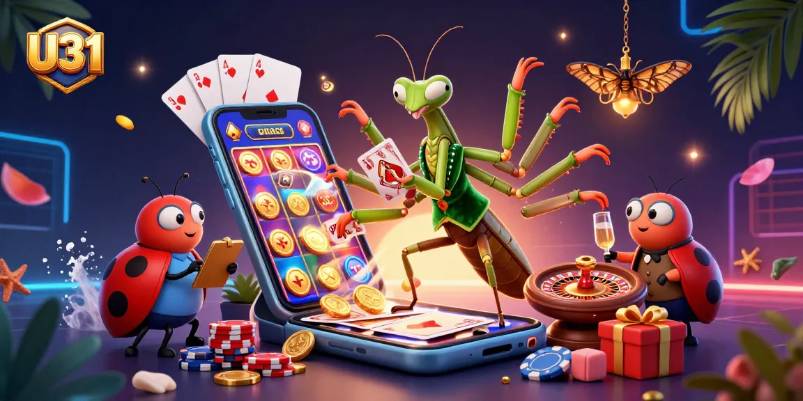 Engage in thrilling slots with U31's giant praying mantis dealer in a vibrant casino scene.