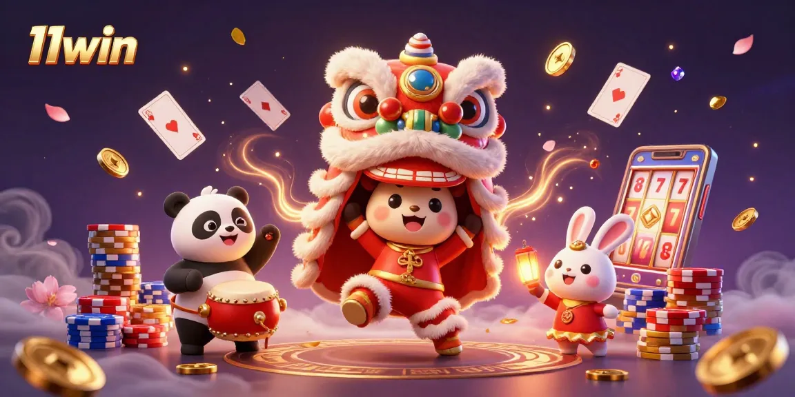 Experience the fun of gaming with 11win featuring a lion dance costume and vibrant casino elements.