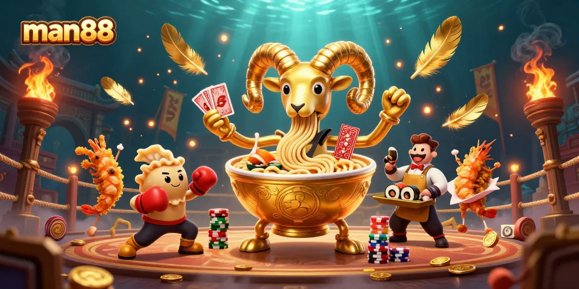 Experience man88's thrilling casino action with a giant ramen bowl dealer, gyoza sidekick, and cheerleaders.