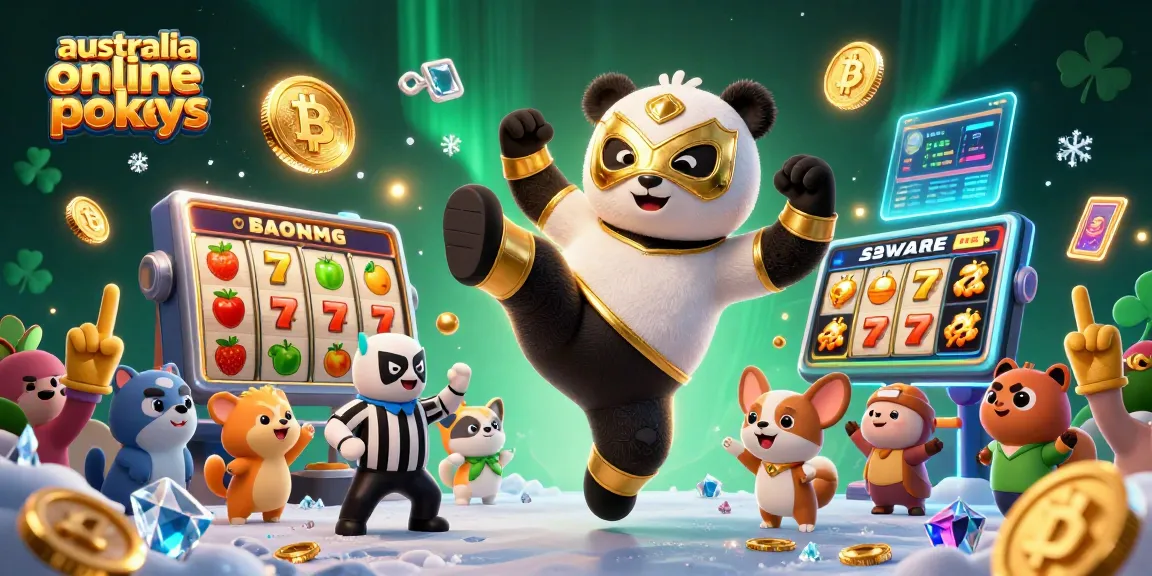 A cartoon panda in a lucha libre mask kicks with excitement among glowing Australia online pokies symbols