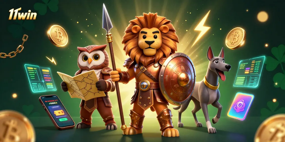 Engage with 11win's vibrant crypto casino scene featuring a Spartan lion, owl strategist, and greyhound, surrounded by glowing digital elements.