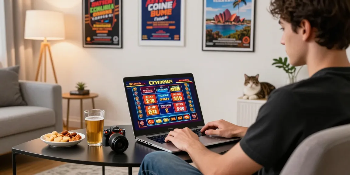 Australian online casinos player enjoying pokies at home with snacks and vibrant game graphics.