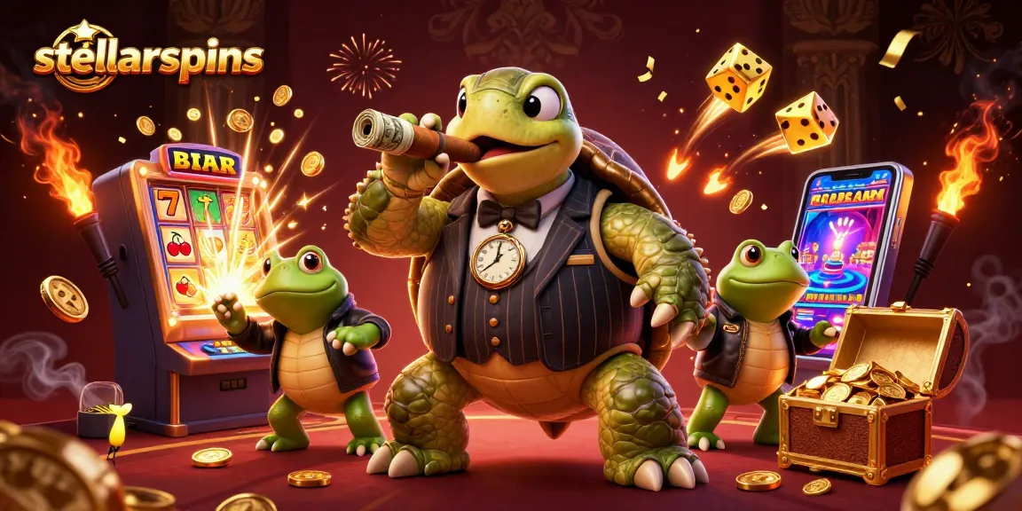 Experience the excitement of stellarspins with a cartoon turtle mobster and bullfrog enforcers at a dazzling casino scene.